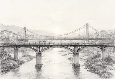 Bridge Over A River At Dawn From A Distance Pencil Sketch