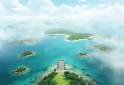 Island With A Small Pier From Above in soft mist Digital Illustration