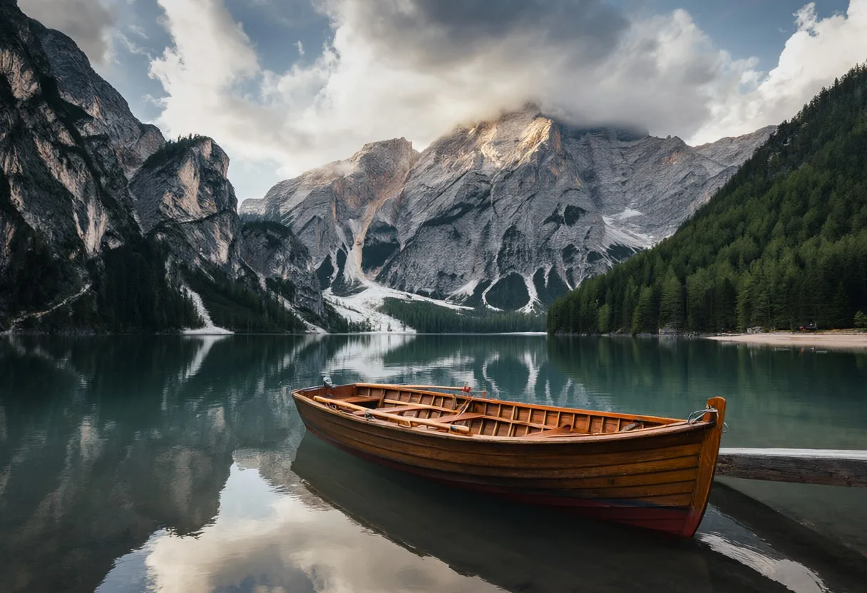 Alpine Lake With A Wooden Boat under a dramatic sky
