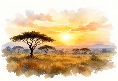 สะวันนาซันเซ็ทกับสีน้ำ Acacia Silhouettes