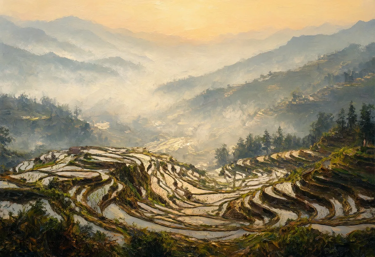 Rice Terraces In Morning Mist Oil Painting