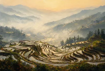 Rice Terraces In Morning Mist Oil Painting