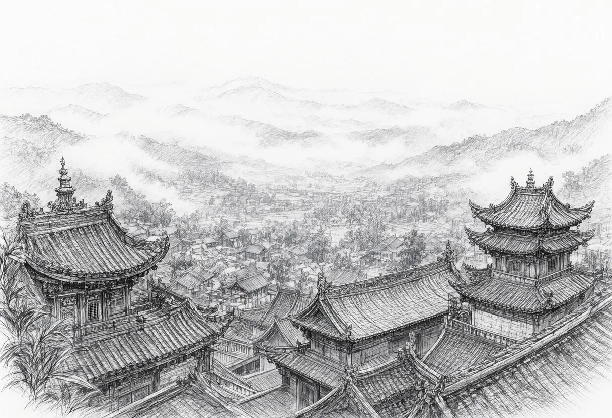 Temple Rooftops Above A Misty Valley Pencil Sketch