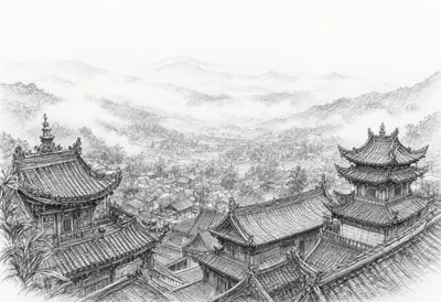 Temple Rooftops Above A Misty Valley Pencil Sketch