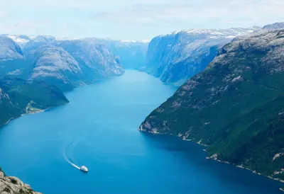 Fjord With A Small Ferry Far Below from above Digital Illustration