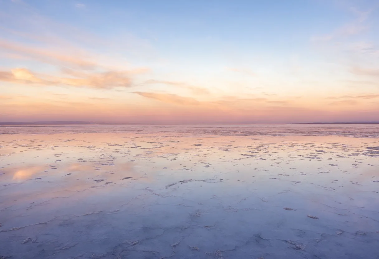 Salt Flats Reflecting A Pastel Sky in warm evening light