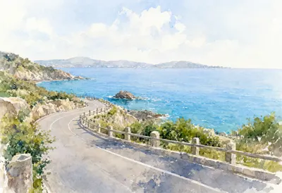 Coastal Road Curving Above The Sea on a quiet day Watercolour