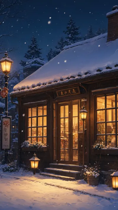 Anime Snowy Town With Warm Windows with subtle grain