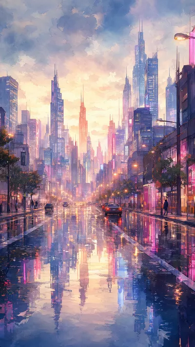 Neon City Skyline Reflected In Wet Streets in watercolour