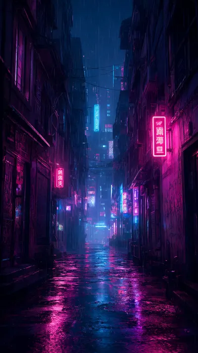 Cyberpunk Alley พร้อมแสงสีชมพูและสีฟ้าในพาเล็ตสีเข้ม
