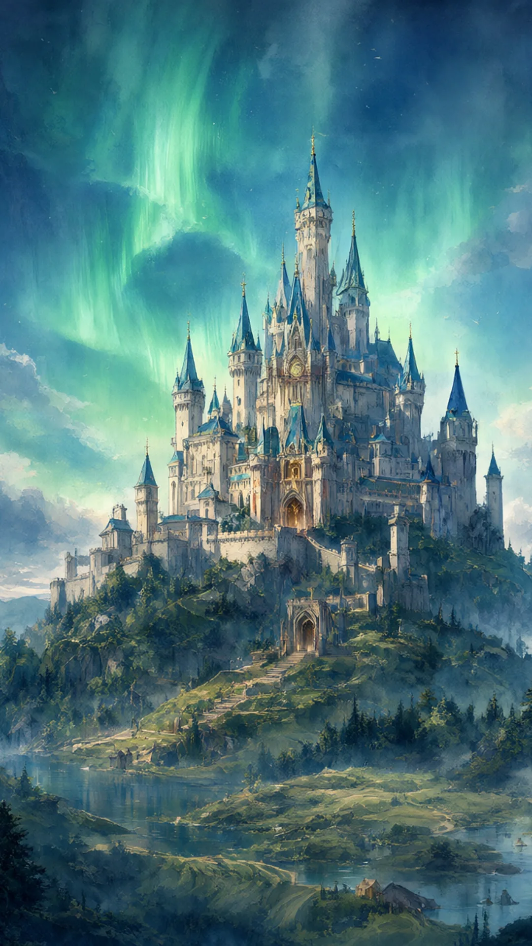 Castle On A Hill Under Aurora Light in watercolour