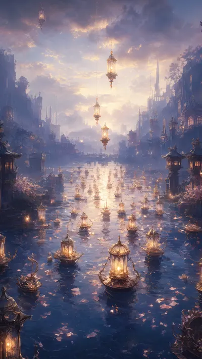 Lantern River With Floating Lights in a soft palette