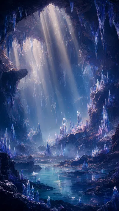 Crystal Cave With Light Beams in a deep palette