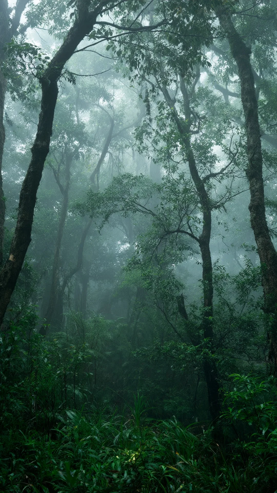 Rain-Soaked Forest With Soft Fog