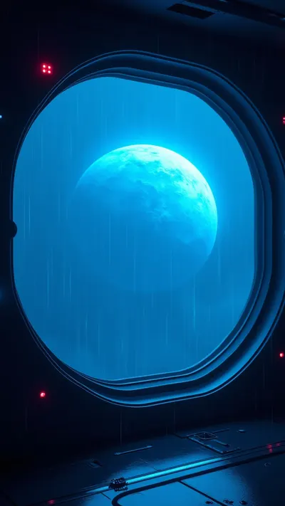 Spaceship Window View Of A Blue Planet in an oil painting style