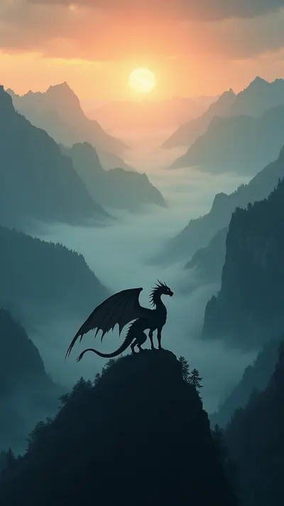 Dragon Silhouette Over Misty Mountains