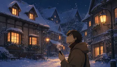 Anime Snowy Town With Warm Windows with subtle grain