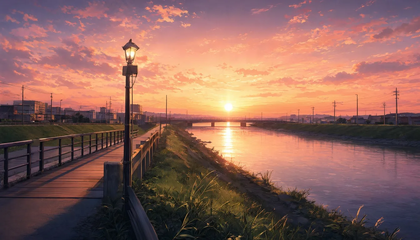 Anime Riverside At Sunset With A Small Bridge