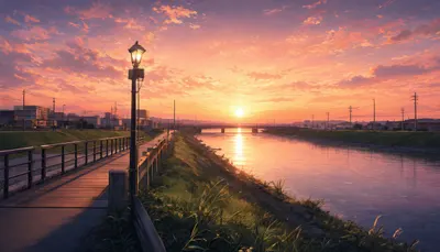 Anime Riverside At Sunset With A Small Bridge