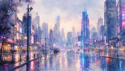 Neon City Skyline Reflected In Wet Streets in watercolour