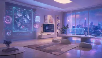 Futuristic Apartment With Holographic Panels in a soft palette