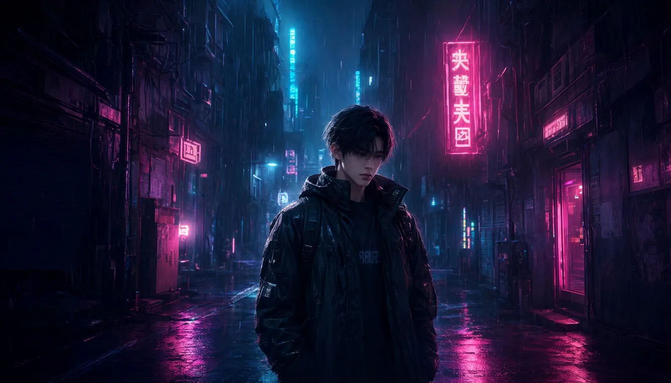 Cyberpunk Alley พร้อมแสงสีชมพูและสีฟ้าในพาเล็ตสีเข้ม