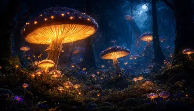 Glowing Mushroom Forest At Night
