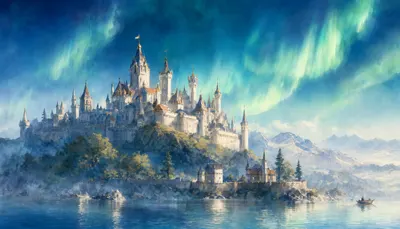 Castle On A Hill Under Aurora Light in watercolour