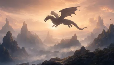 Dragon Silhouette Over Misty Mountains