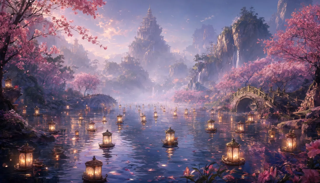 แม่น้ำแลนเทิร์นพร้อมไฟลอยน้ำในพาเลทสีอ่อน