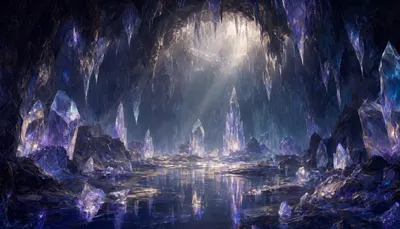 Crystal Cave With Light Beams in a deep palette