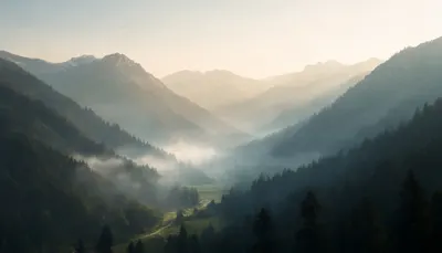 Misty Mountain Valley At Sunrise