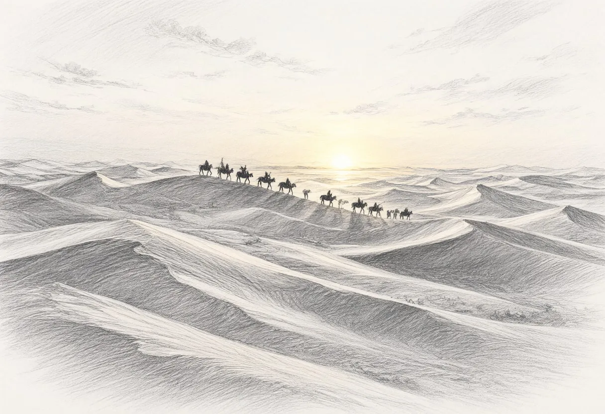 Desert Dunes With A Caravan In Silhouette at sunrise Pencil Sketch