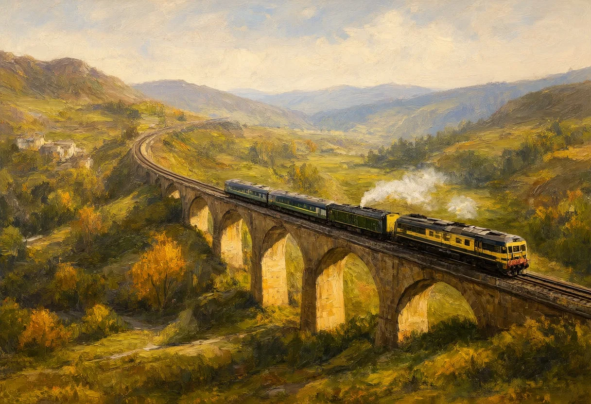 รถไฟข้ามสะพานในภาพวาดสีน้ำมันในหุบเขา