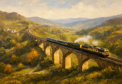 รถไฟข้ามสะพานในภาพวาดสีน้ำมันในหุบเขา