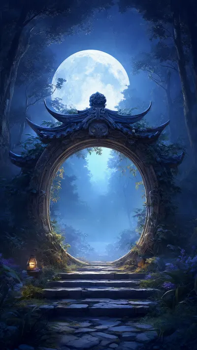 Fantasy Moon Gate In A Forest in a deep palette