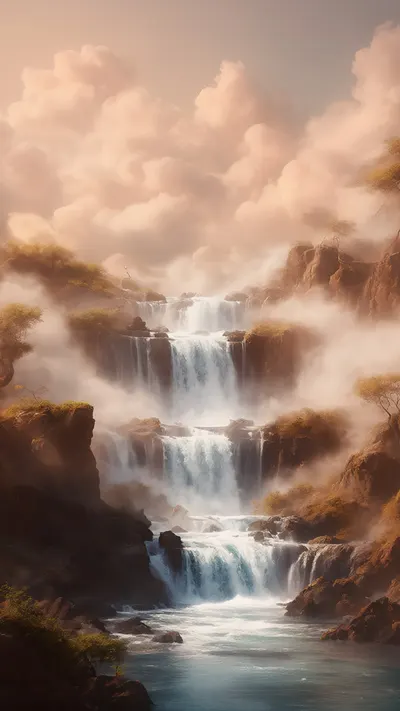 Fantasy Waterfall Into Clouds in a warm palette