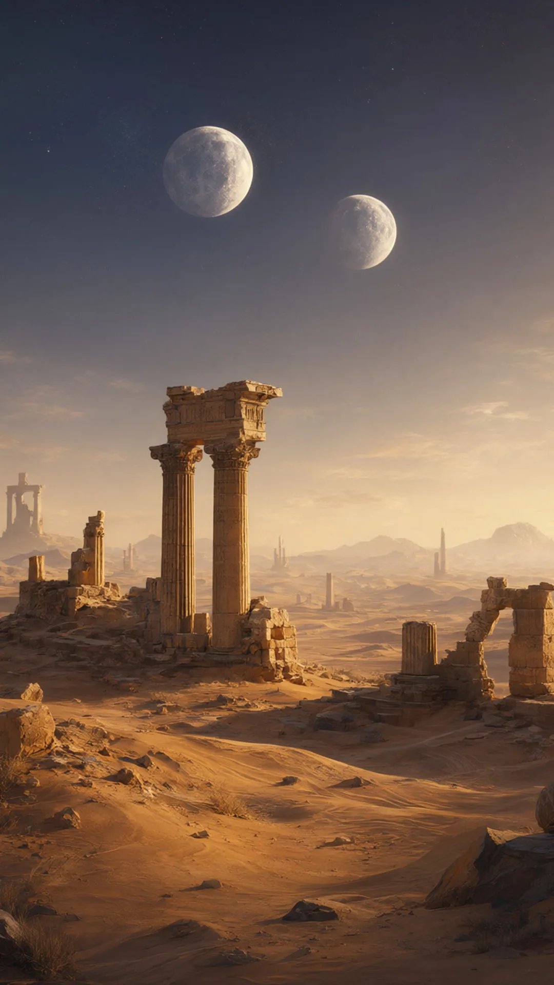 Fantasy Desert Ruins Under Two Moons with subtle grain