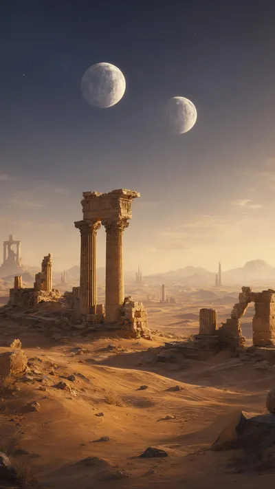 Fantasy Desert Ruins Under Two Moons with subtle grain