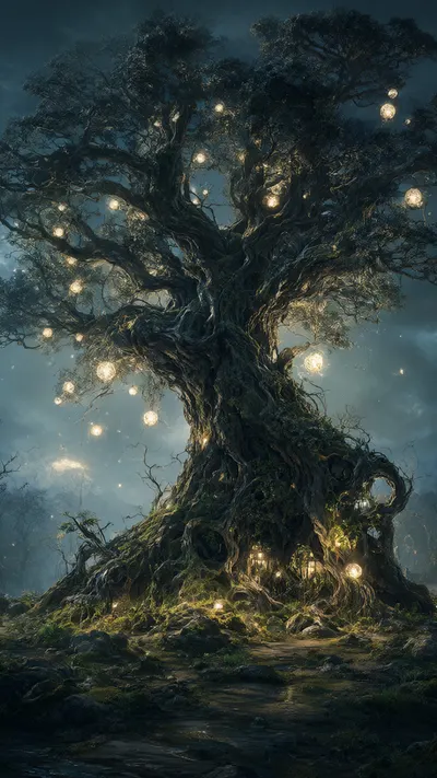 Fantasy Giant Tree With Glowing Orbs with a minimal touch
