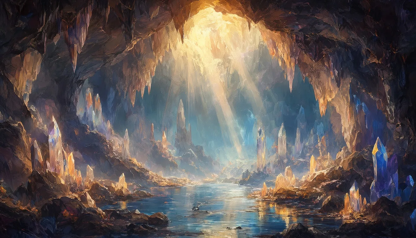 ถ้ำคริสตัลแฟนตาซีพร้อมลำแสงในรูปแบบภาพวาดสีน้ำมัน