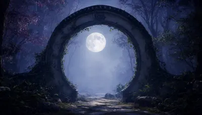 Fantasy Moon Gate In A Forest in a deep palette
