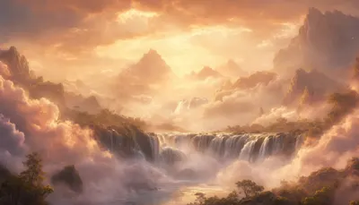 Fantasy Waterfall Into Clouds in a warm palette