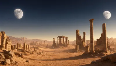 Fantasy Desert Ruins Under Two Moons with subtle grain