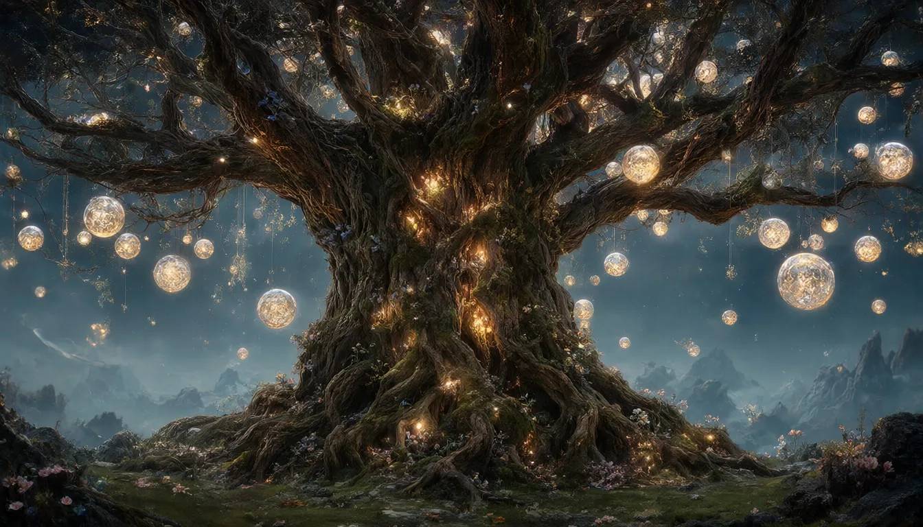 Fantasy Giant Tree With Glowing Orbs with a minimal touch