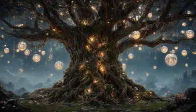 Fantasy Giant Tree With Glowing Orbs with a minimal touch