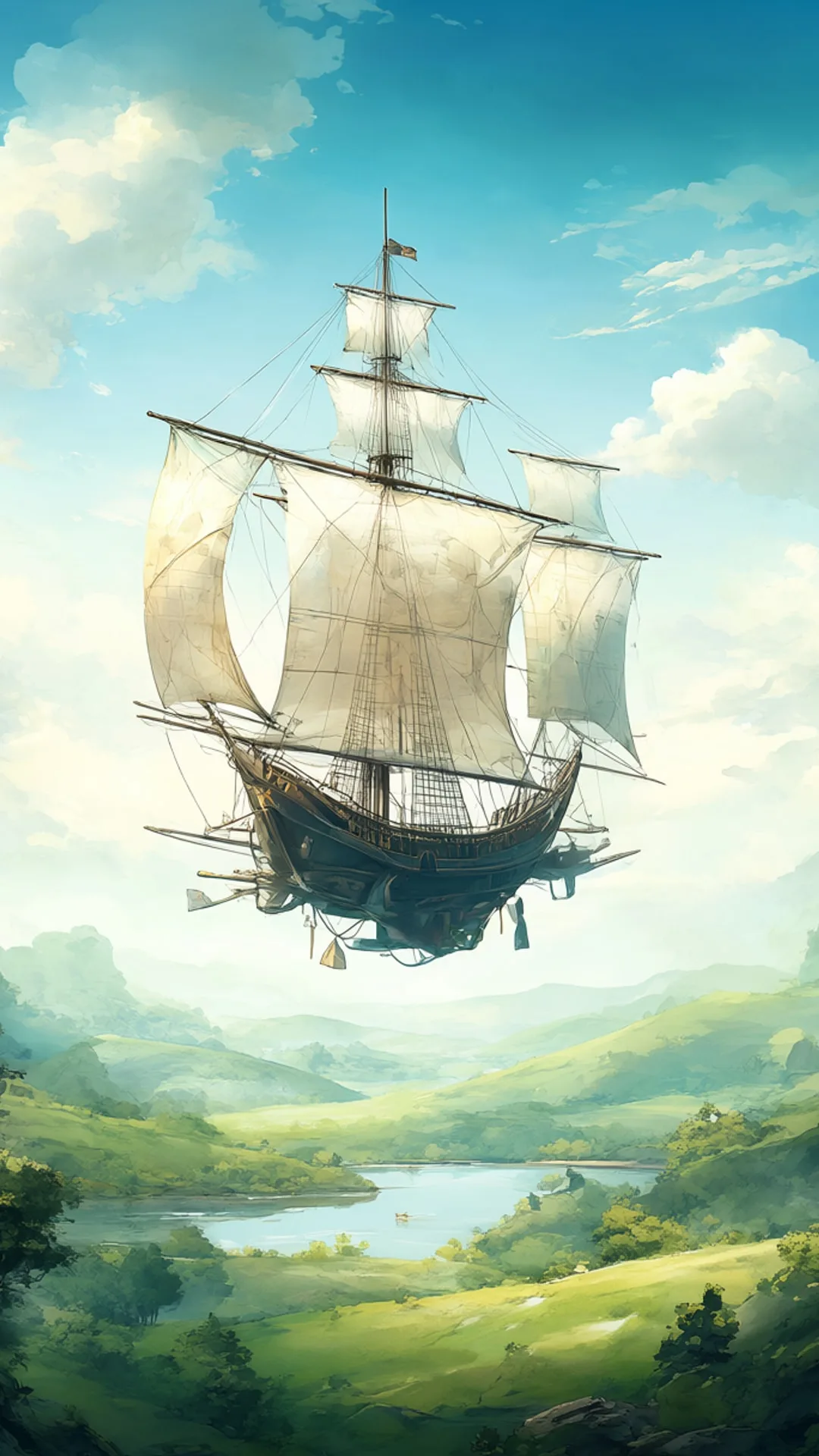 Fantasy Airship Above Green Valleys in watercolour