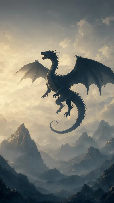 Fantasy Dragon Silhouette Over Mountains in an oil painting style