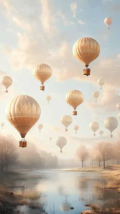 Fantasy Hot Air Balloons Over A Lake in a soft palette