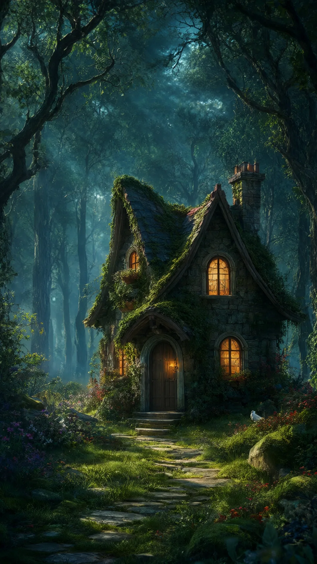 Fantasy Cottage In A Mossy Glade in a deep palette